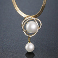 KHAISTA cubic zircon pearl flower necklace on white background