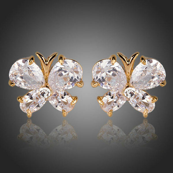 KHAISTA CZ butterfly stud earrings on white background