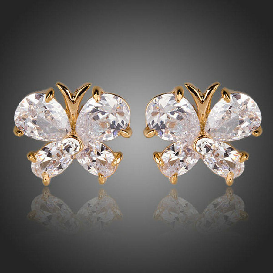 KHAISTA CZ butterfly stud earrings on white background