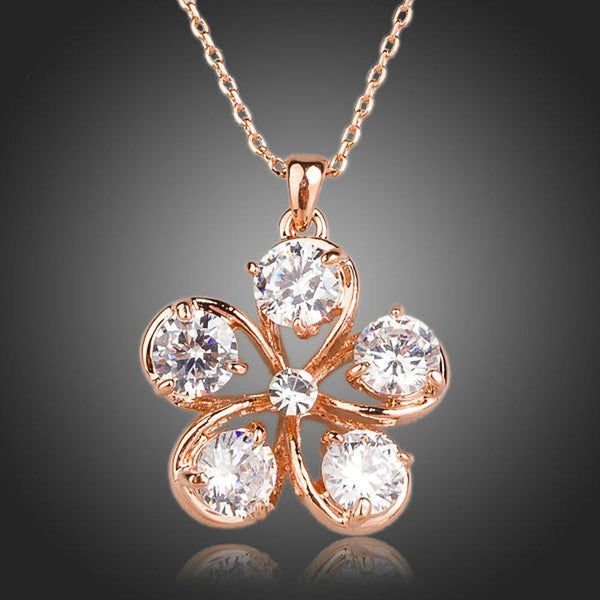 KHAISTA CZ flower pendant necklace on white background