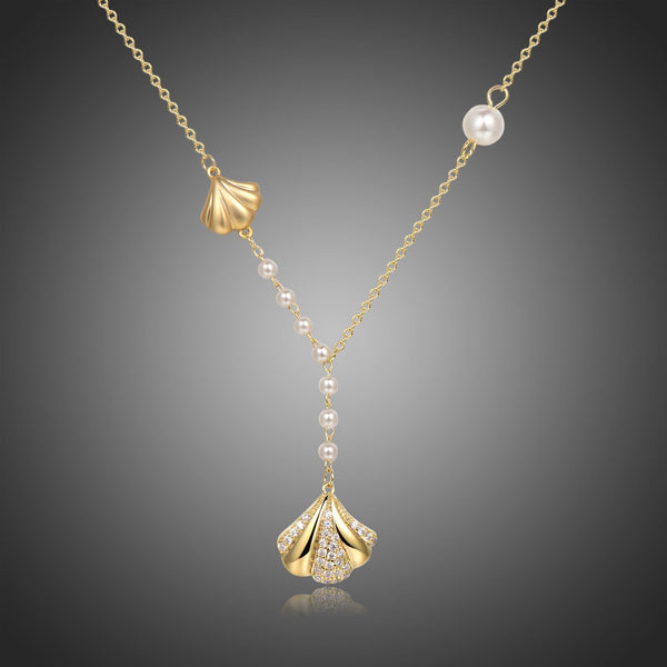 KHAISTA CZ shell long pendant necklace on white background