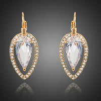 KHAISTA CZ water drop dangle earrings on white background