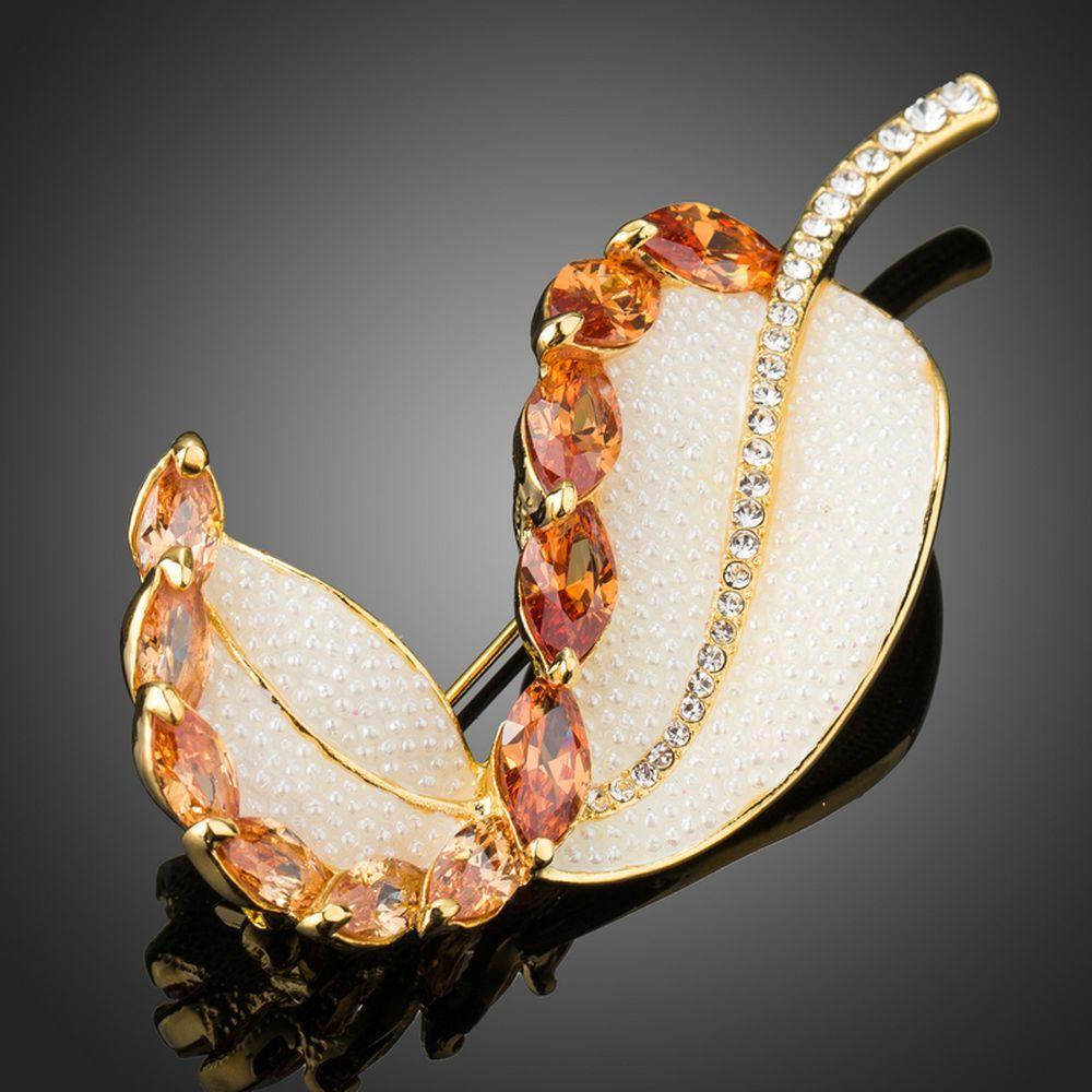 Curled Cubic Zirconia Leaf Brooch Pin - KHAISTA Fashion Jewellery