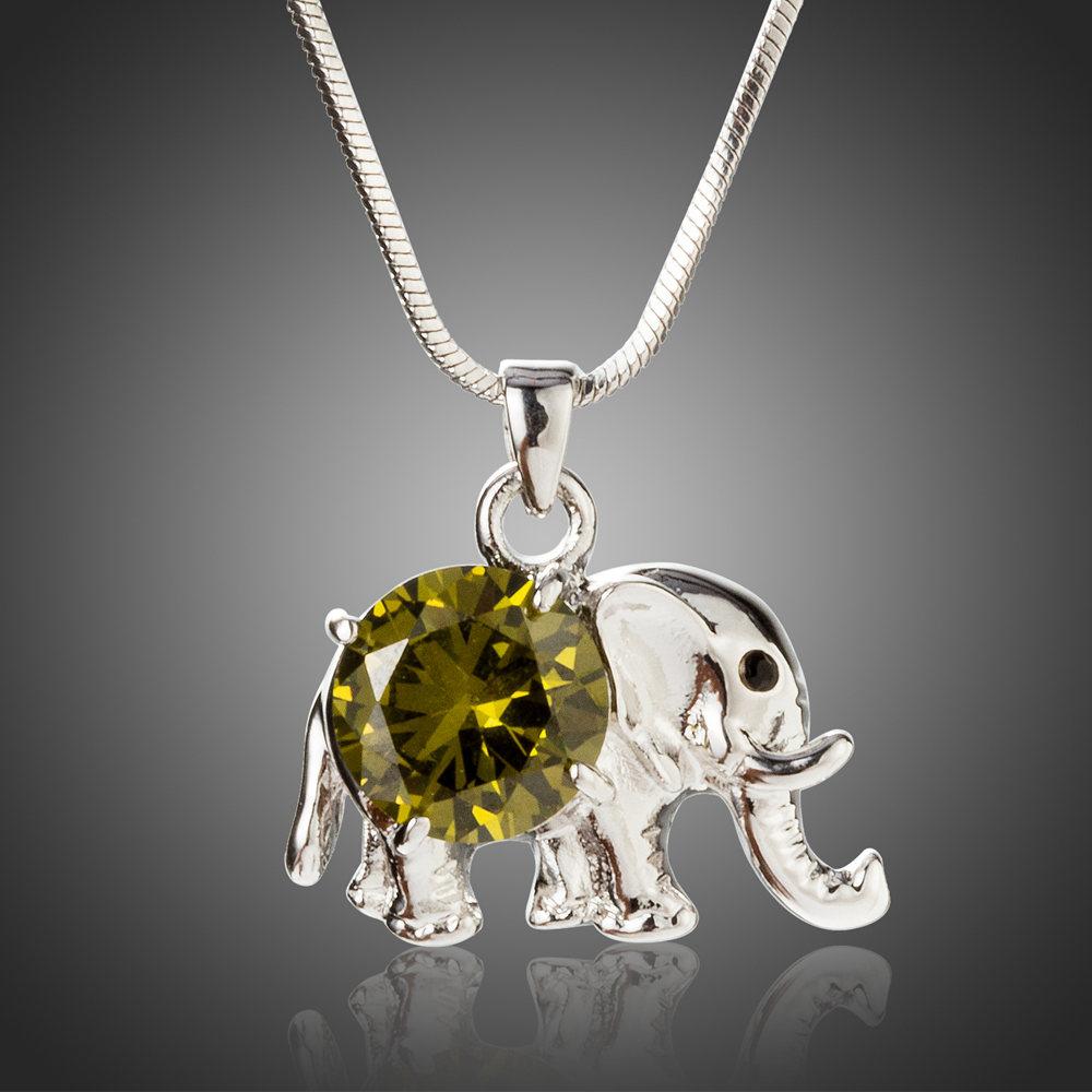 Cute Elephant Pendant with Big Round Cut Olive Cubic Zirconia Pendant Necklace - KHAISTA Fashion Jewellery