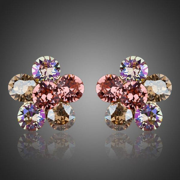 KHAISTA daisy flower crystal stud earrings on white background