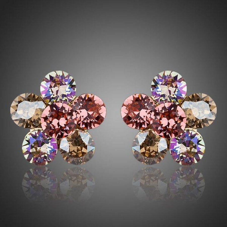 KHAISTA daisy flower crystal stud earrings on white background