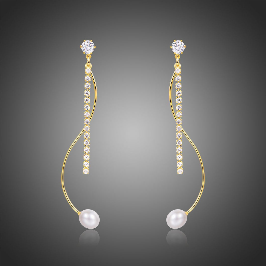 Dangle Pearl Cubic Zirconia Drop Earrings -KPE0370 - KHAISTA Fashion Jewellery