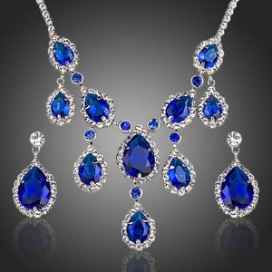 Dark Blue Sapphire Cubic Zirconia Necklace + Earrings Set - KHAISTA Fashion Jewellery