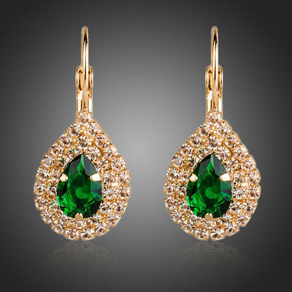 KHAISTA dark green CZ raindrop earrings on white background