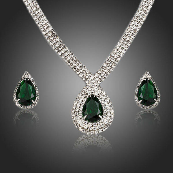 Khaista dark green cubic zirconia waterdrop necklace earrings set