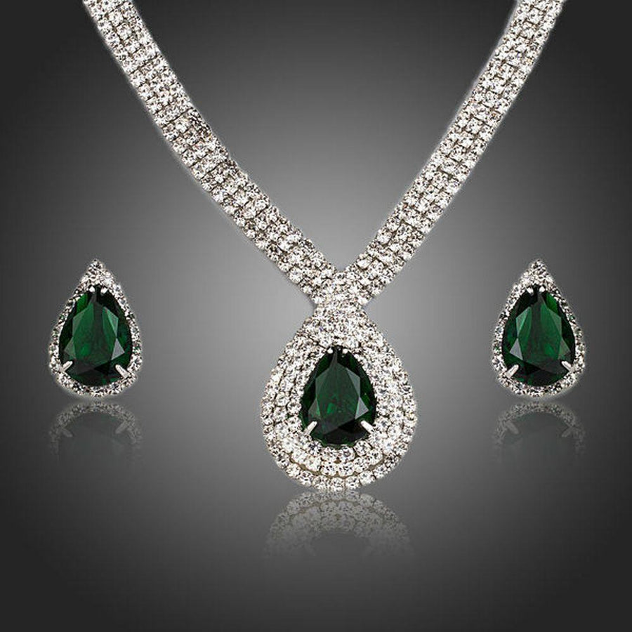 Khaista dark green cubic zirconia waterdrop necklace earrings set