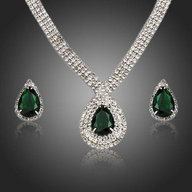 Dark Green Cubic Zirconia Water Drop Jewelry Set - KHAISTA Fashion Jewellery