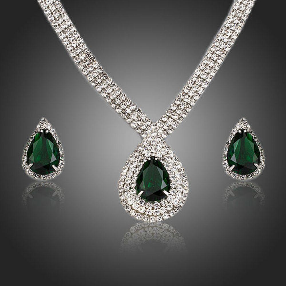 Dark Green Cubic Zirconia Water Drop Jewelry Set - KHAISTA Fashion Jewellery