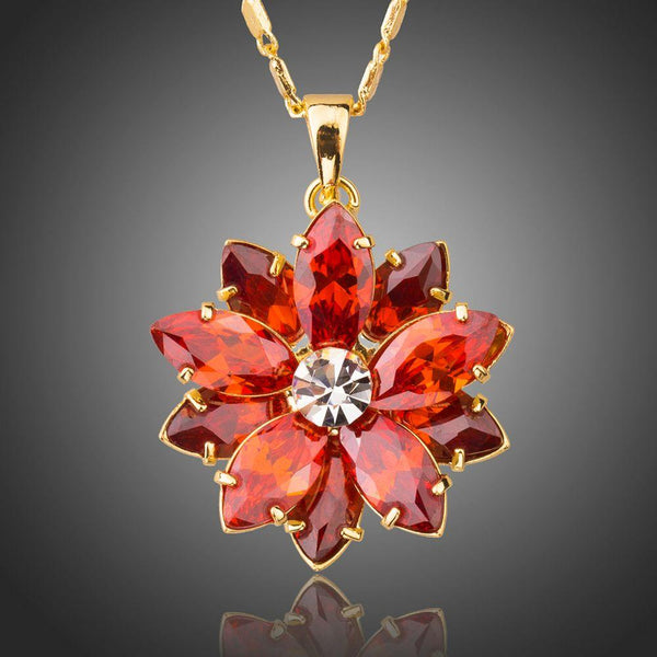 KHAISTA dark red flower CZ chain necklace on white background