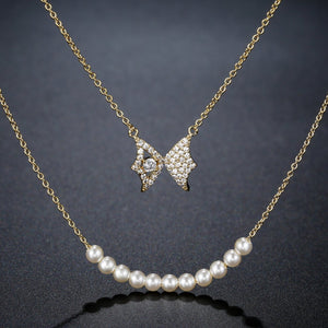 Double Chain Butterfly Pearl Pendant Necklace KPN0280 - KHAISTA Fashion Jewellery