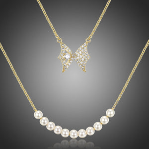 Double Chain Butterfly Pearl Pendant Necklace KPN0280 - KHAISTA Fashion Jewellery