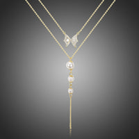KHAISTA double chain CZ pearl pendant necklace on white background