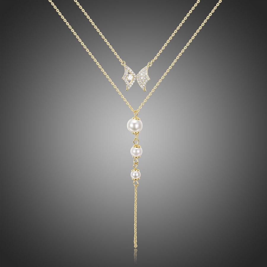 KHAISTA double chain CZ pearl pendant necklace on white background