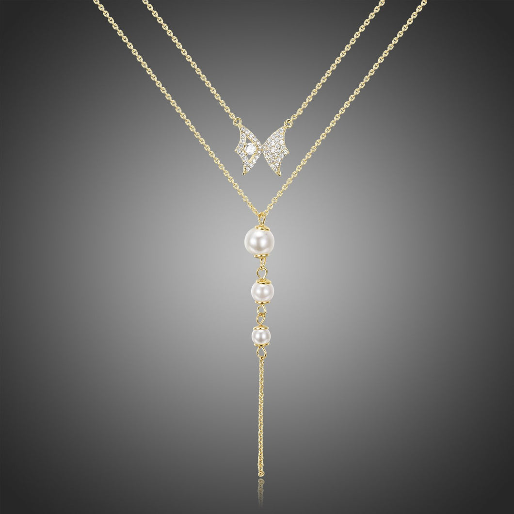 Double Chain Cubic Zirconia Pearl Pendant Necklace KPN0281 - KHAISTA Fashion Jewellery