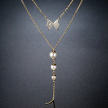 Load image into Gallery viewer, Double Chain Cubic Zirconia Pearl Pendant Necklace KPN0281 - KHAISTA Fashion Jewellery
