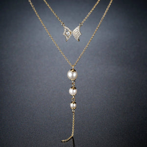 Double Chain Cubic Zirconia Pearl Pendant Necklace KPN0281 - KHAISTA Fashion Jewellery