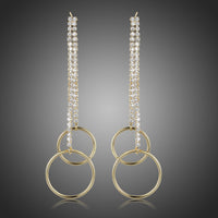 KHAISTA double circle crystal drop earrings on white background