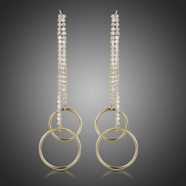 KHAISTA double circle crystal drop earrings on white background