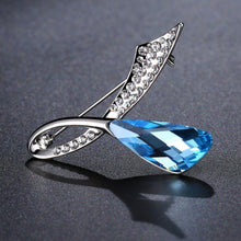 Load image into Gallery viewer, Double Leaf Blue Austrian Crystals Brooch Pin - KHAISTA Fashion Jewellery
