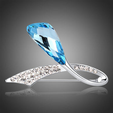 Double Leaf Blue Austrian Crystals Brooch Pin - KHAISTA Fashion Jewellery