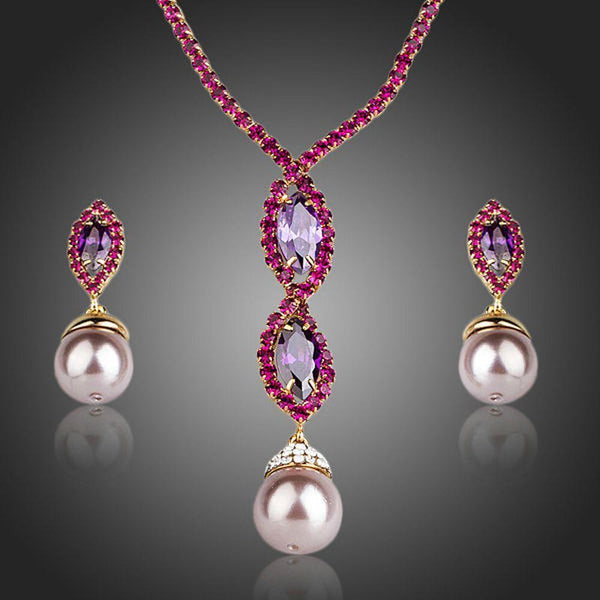 Khaista elegant pearl drop earrings necklace set on white background