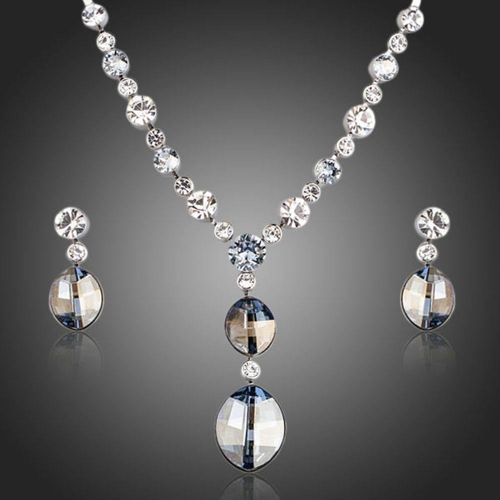 Ellipse Stellux Austrian Crystal Necklace and Drop Earrings Jewelry Set - KHAISTA Fashion Jewellery
