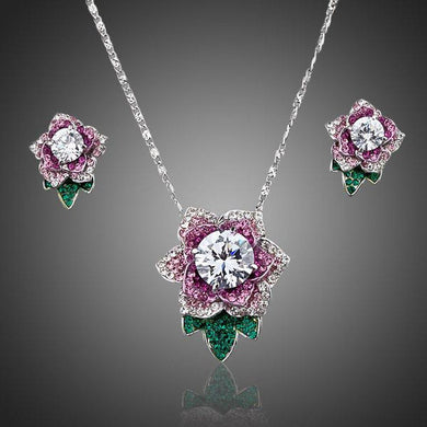 Exclusive White Gold Stellux Austrian Crystal Flower Stud Earrings and Necklace Set - KHAISTA Fashion Jewellery