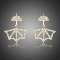 KHAISTA fan design crystal dangle earrings on white background