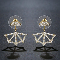 Close up of KHAISTA fan design crystal dangle earrings