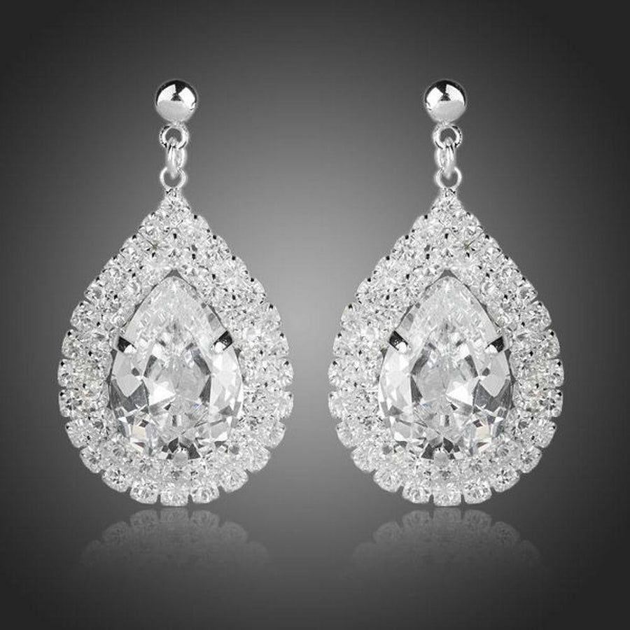 KHAISTA fashion CZ drop earrings on white background
