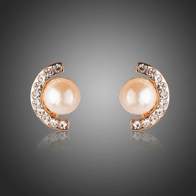 Fashion Pearl Half Ellipse Stud Earring Clear Australian Rhinestone - KHAISTA Fashion Jewellery