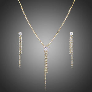 Full Paved Clear Cubic Zirconia Tassel Earrings Necklace Jewelry Set - KHAISTA Fashion Jewellery