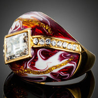 Detailed macro close up view of the brilliant stone settings on this premium red geometric crystal ring
