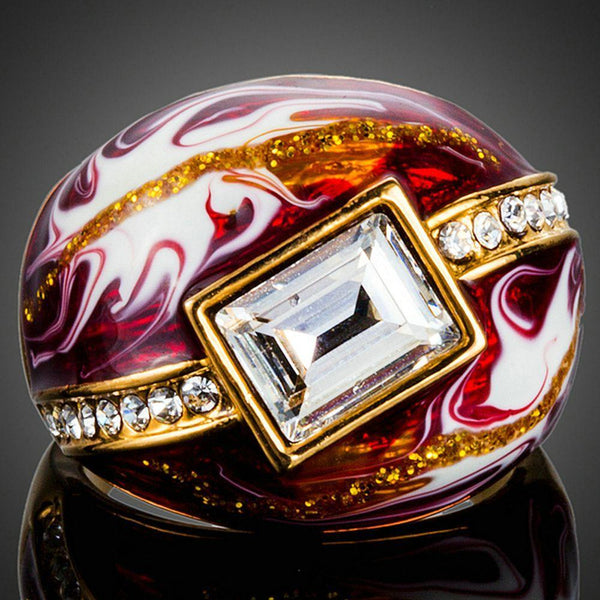 Premium luxury red geometric crystal ring design displayed on a clean white background