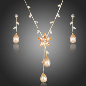 Gold Color Imitation Pearl Cubic Zirconia Earrings and Necklace Set - KHAISTA Fashion Jewellery