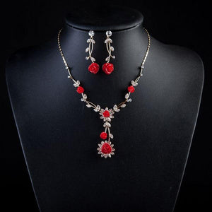 Gold Color Red Flowering branches Drop Earrings and Necklace Jewelry Set - KHAISTA Fashion Jewellery