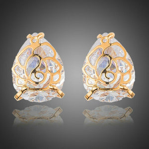 Gold Plated Flower Shaped Cubic Zirconia Earrings - KHAISTA Fashion Jewellery