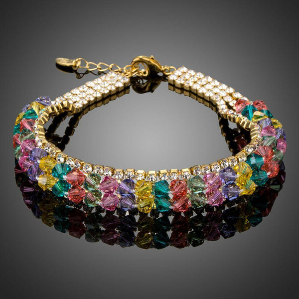 KHAISTA gold plated multicolour crystal bead bracelet on white background