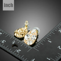 gold plated pear cut stud earrings detail view by KHAISTA