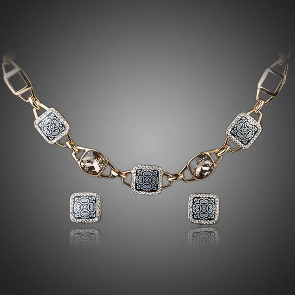 Khaista gold plated square crystal stud earrings necklace set
