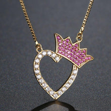 Load image into Gallery viewer, Golden Cubic Zirconia Heart Crown Necklace - KHAISTA Fashion Jewellery
