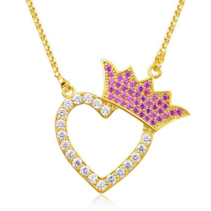Golden Cubic Zirconia Heart Crown Necklace - KHAISTA Fashion Jewellery