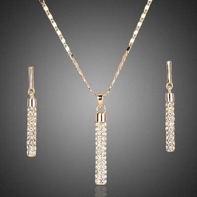 Gold Cylindrical Crystal Drop Earrings and Pendant Set