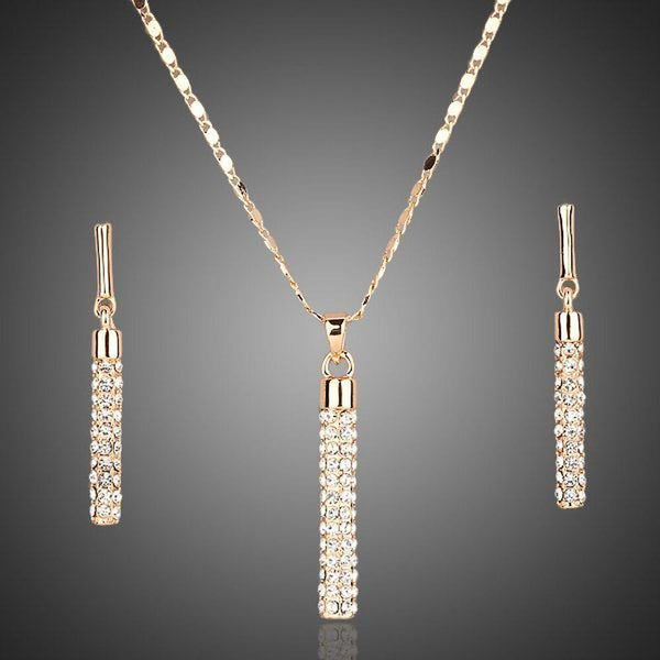 Khaista gold cylindrical crystal drop earrings pendant set