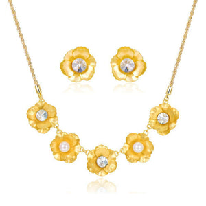 Golden Flower Pearl Stud Earring And Necklace Jewellery Set - KHAISTA Fashion Jewellery